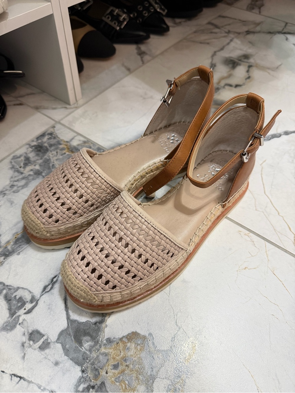 Vince Camuto Beige Woven Espadrille Wedge Sandals with Cognac Ankle Strap